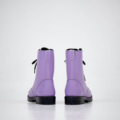 Purple leather combat boots by Samelin with antibacterial insole and direct-injected PU sole.