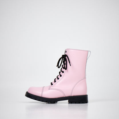 Pink leather lace-up boots with anatomical insole and water-repellent finish by Samelin.