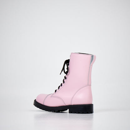 Pink leather lace-up boots with anatomical insole, water-repellent, by Samelin, featuring sturdy black rubber sole.