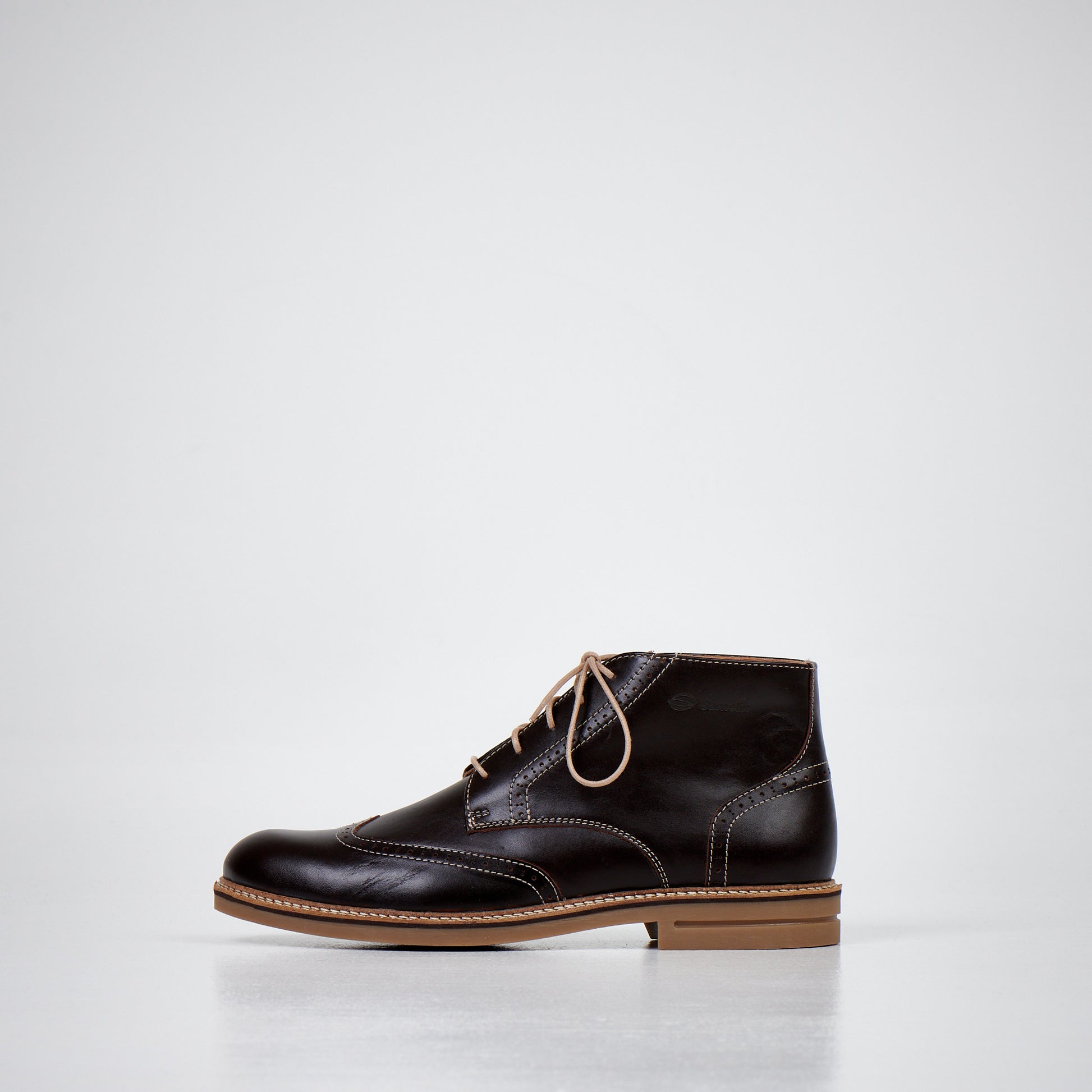 Dark brown leather ankle boots with laces and contrasting stitching by Samelin, available in sizes 39, 40, and 41.