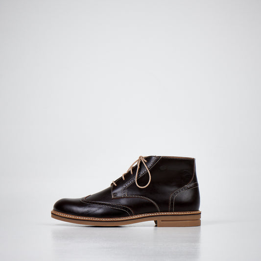 Dark brown leather ankle boots with laces and contrasting stitching by Samelin, available in sizes 39, 40, and 41.